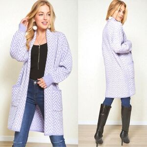 Purple White Chevron Sweater Cardigan Size Large NWT - Adora